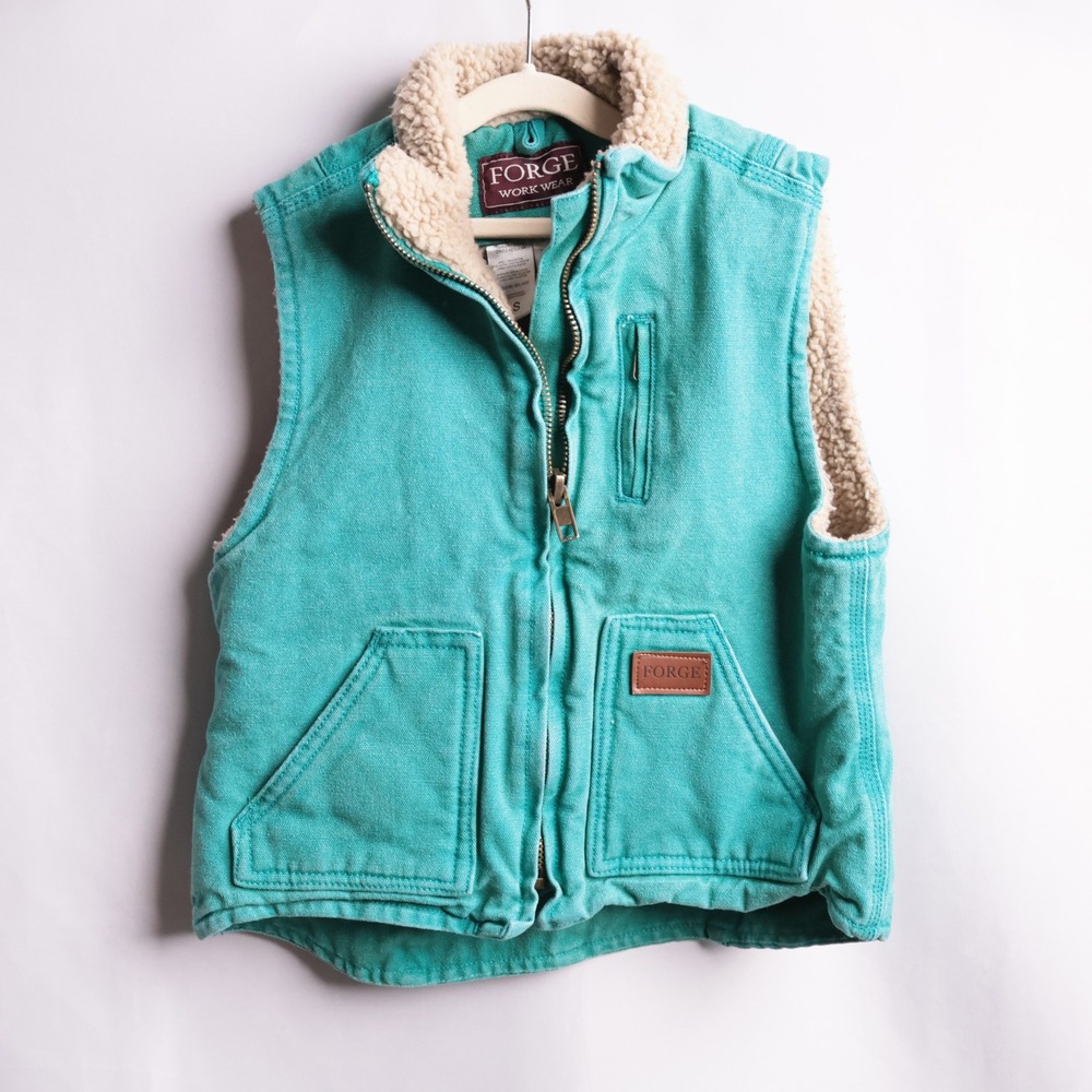 Forge Workwear Kids Small Regular Teal Green Sherpa Lined Canvas Vest Utility S